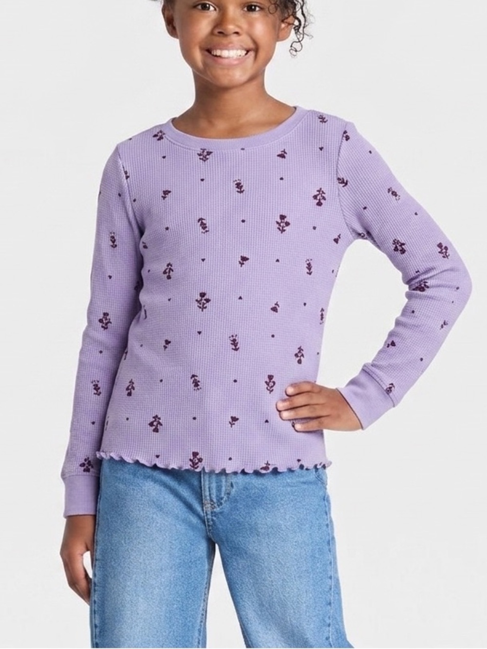 Cat & Jack Girls Waffle Knit Floral Purple Floral Long Sleeve Shirt S